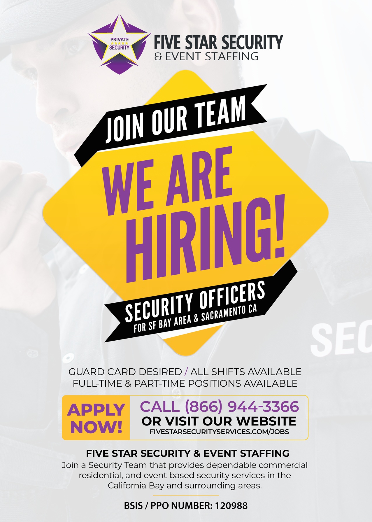 Five Star Security & Event Staffing on Echelon Local - Oakland CA | Five Star Event Staffing & Security, Private Patrol, Private Security, Event Staffing, Event Security, Armed Security | We Are Hiring Flyer - Security Officers